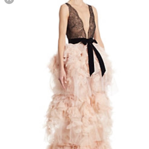 Dresses & Skirts - Marchesa blush Chantilly lace gown velvet bow